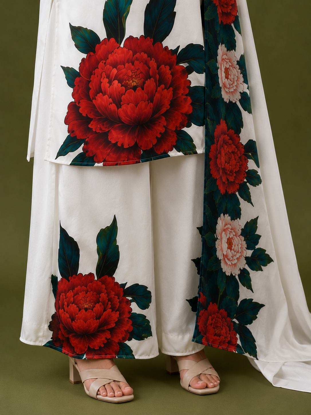 White Satin Silk Kurta Set with Floral Digital Print
