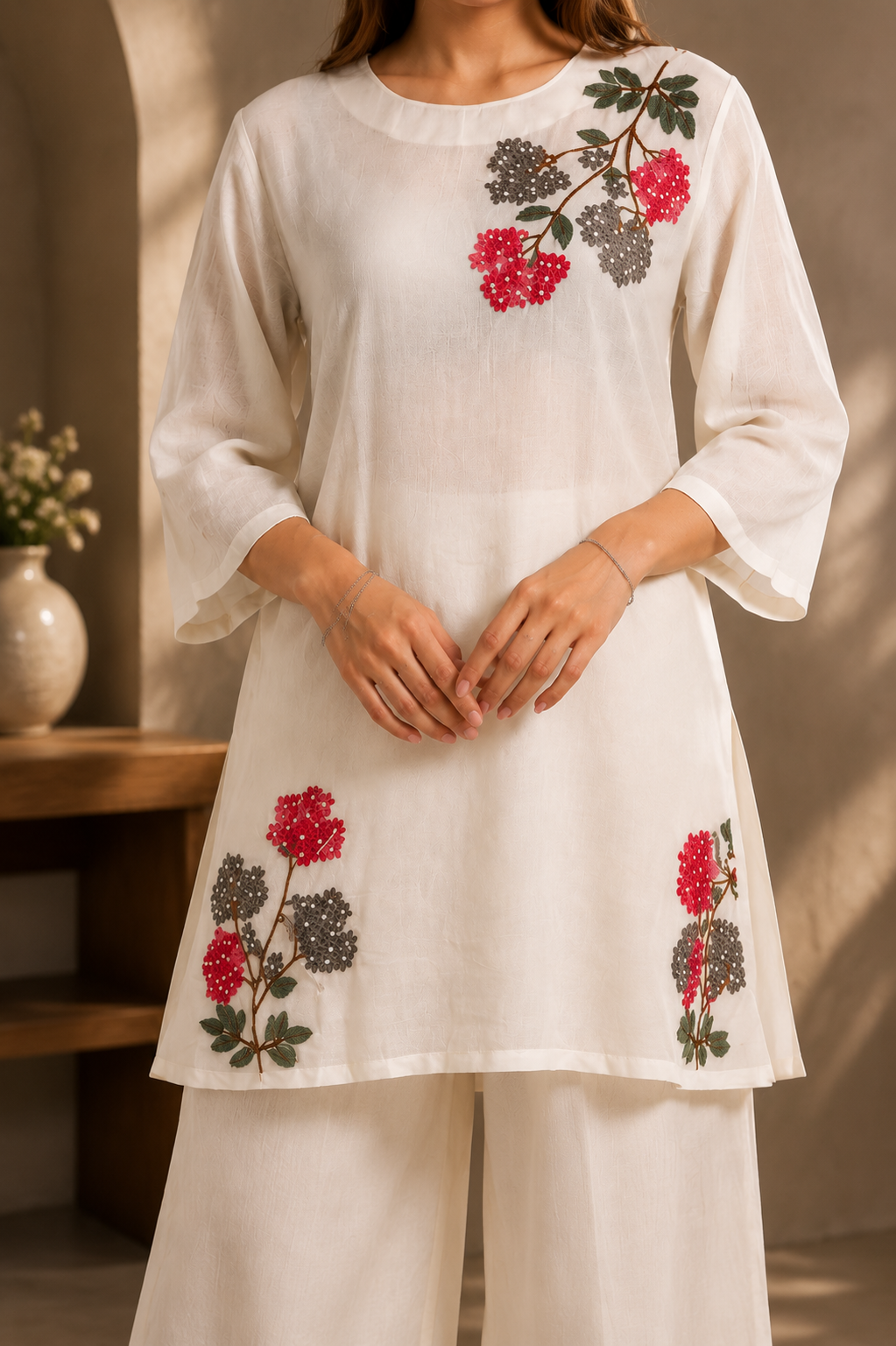 Off White Mal Cotton Co-Ord Set with Floral Applique & Bead Work