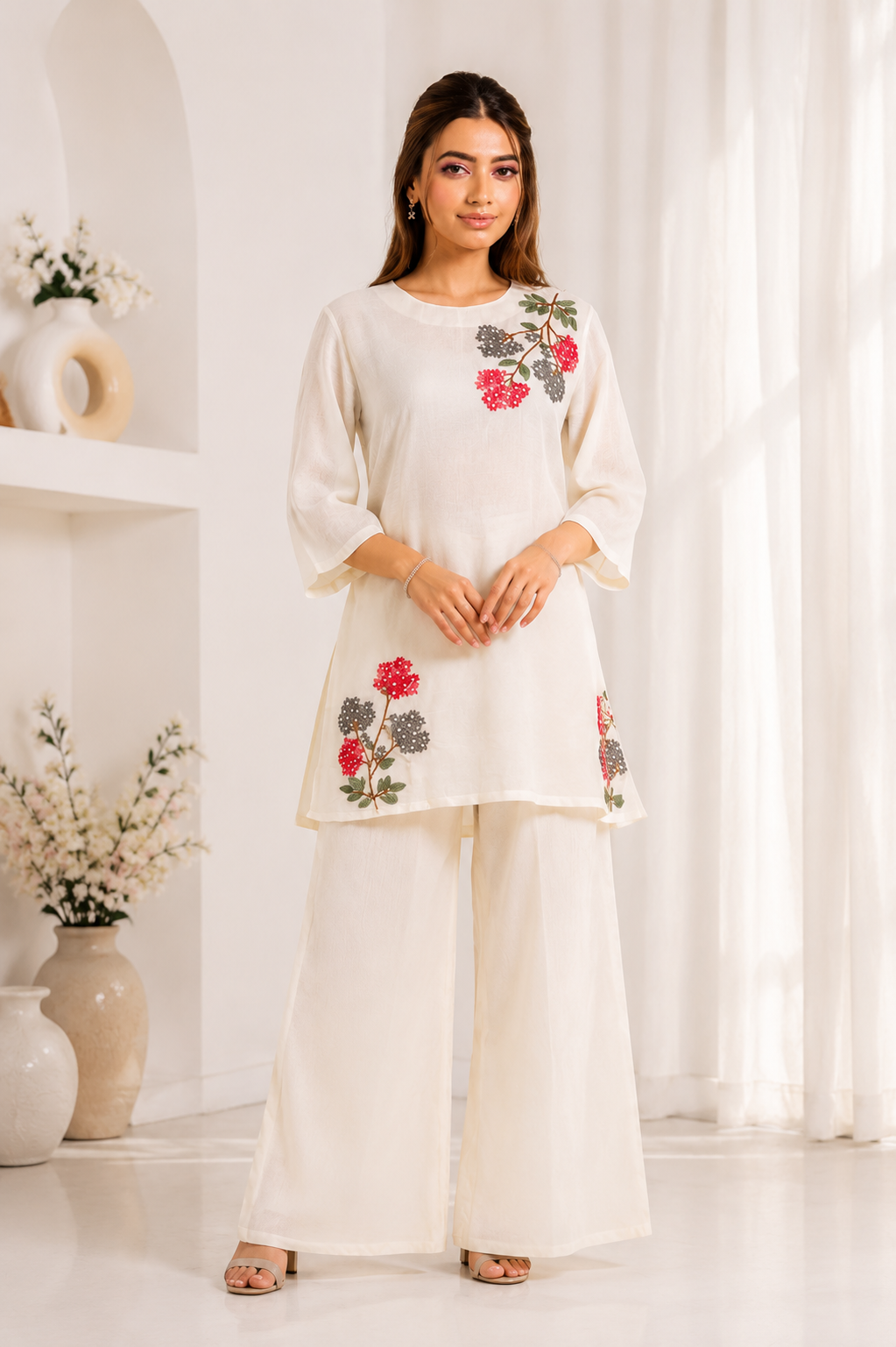 Off White Mal Cotton Co-Ord Set with Floral Applique & Bead Work