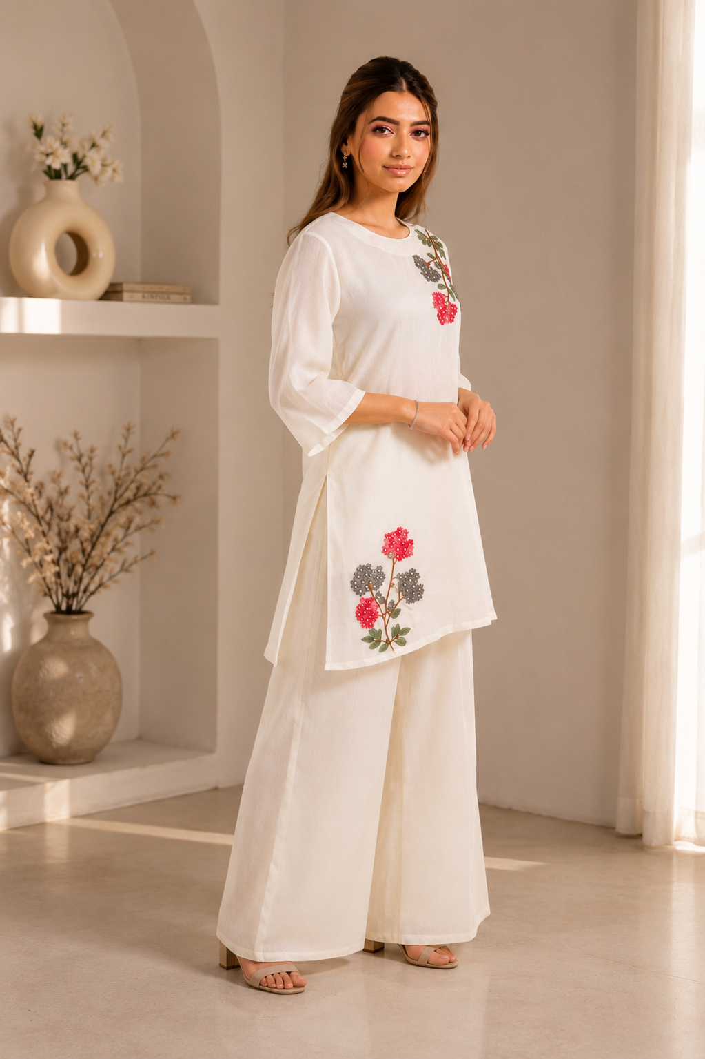 Off White Mal Cotton Co-Ord Set with Floral Applique & Bead Work
