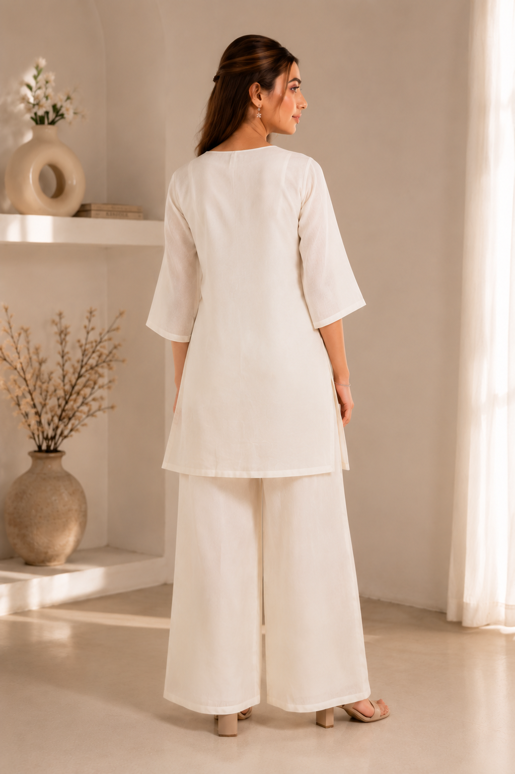 Off White Mal Cotton Co-Ord Set with Floral Applique & Bead Work
