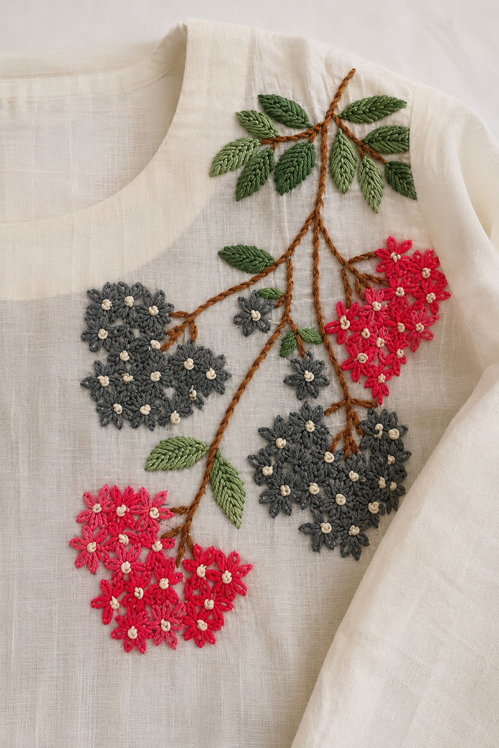 Off White Mal Cotton Co-Ord Set with Floral Applique & Bead Work