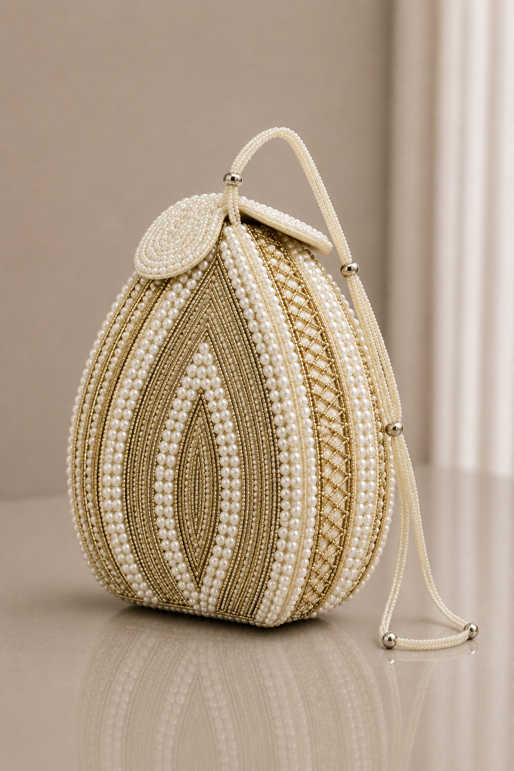 White Pearl with Swarovski Frame Potli and Handmade Pearl Handle