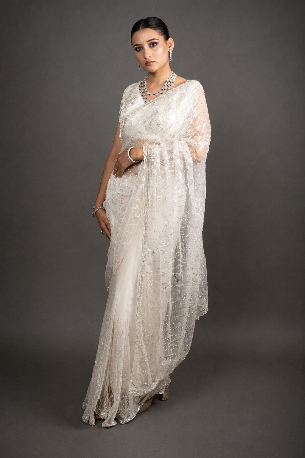 Ivory White Super Net Saree Sequined Handwork