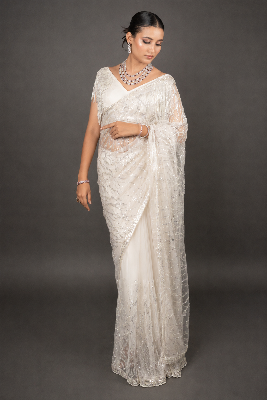 Ivory White Super Net Saree Sequined Handwork