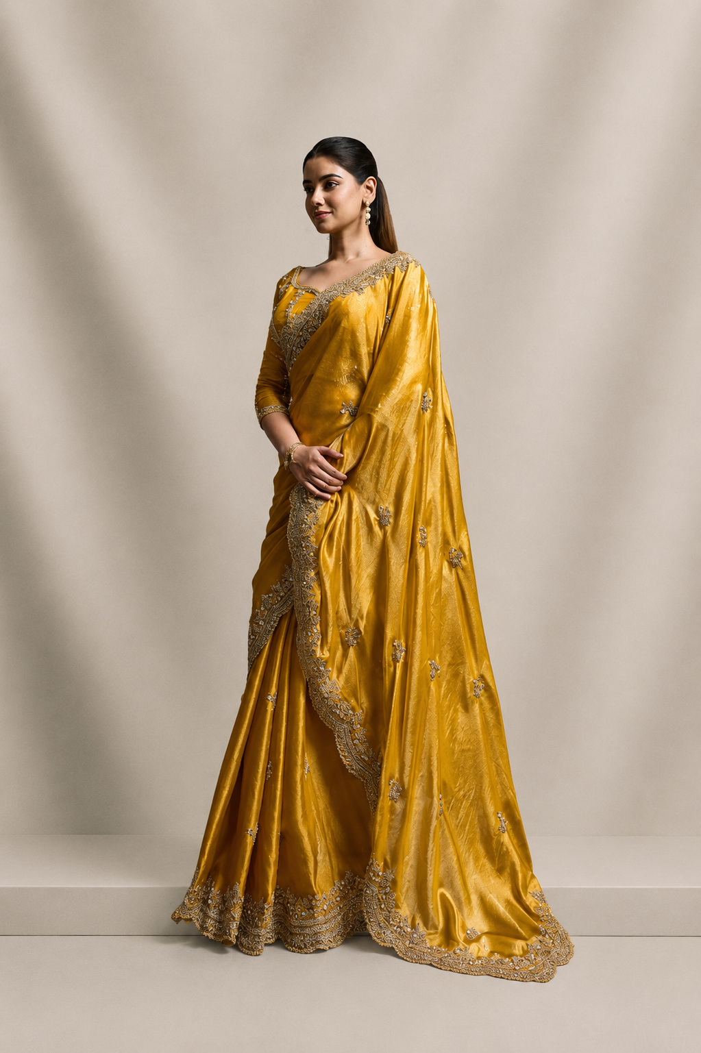 Yellow Tissue Silk Saree with Hand Embroidery with Stitched Blouse