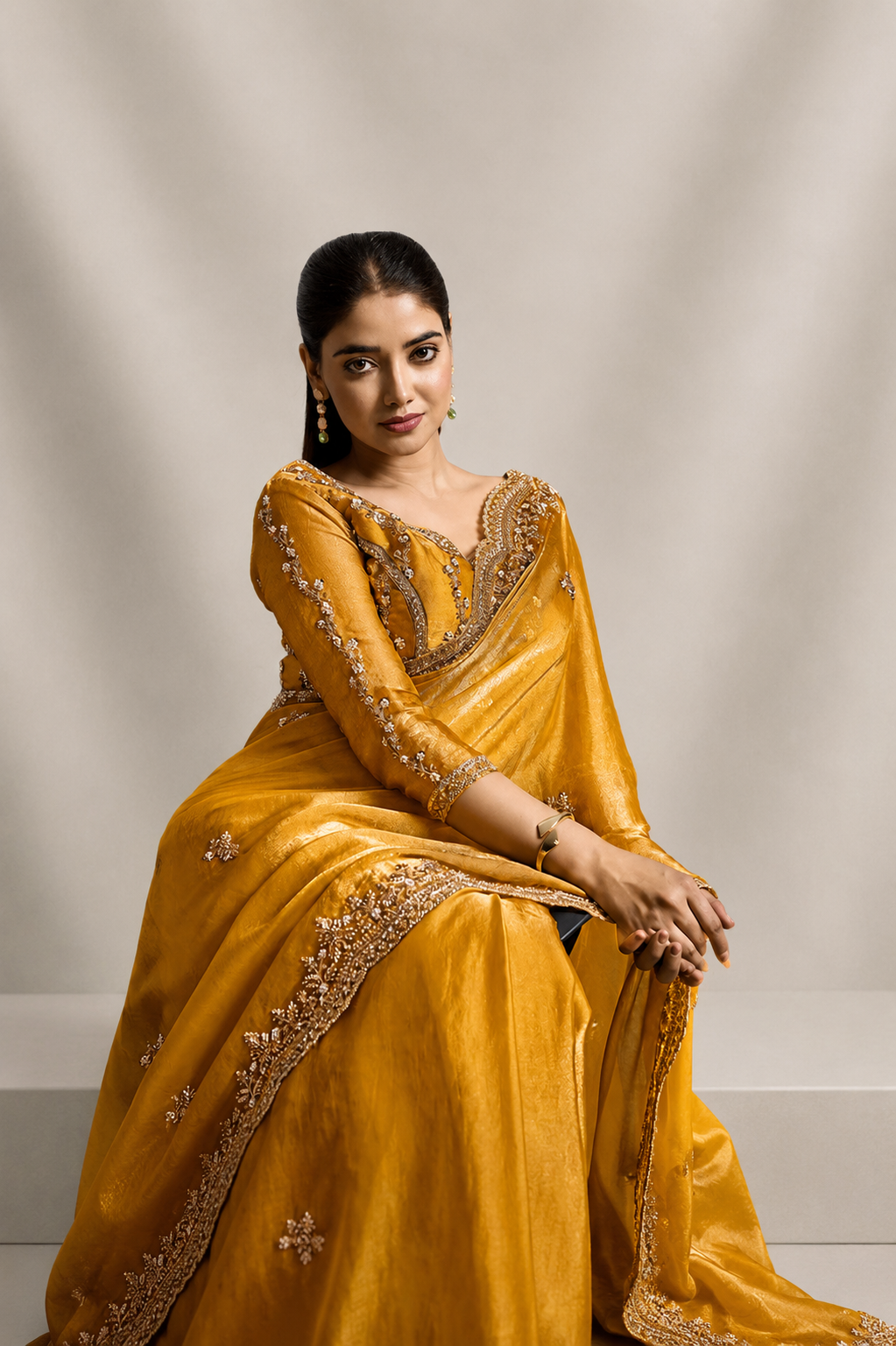 Yellow Tissue Silk Saree with Hand Embroidery with Stitched Blouse