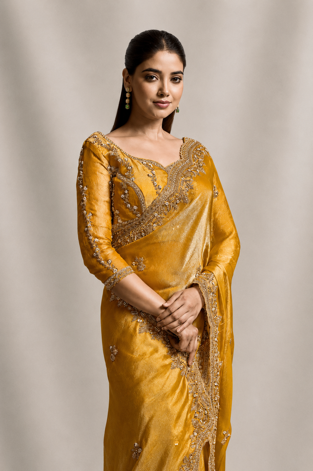 Yellow Tissue Silk Saree with Hand Embroidery with Stitched Blouse