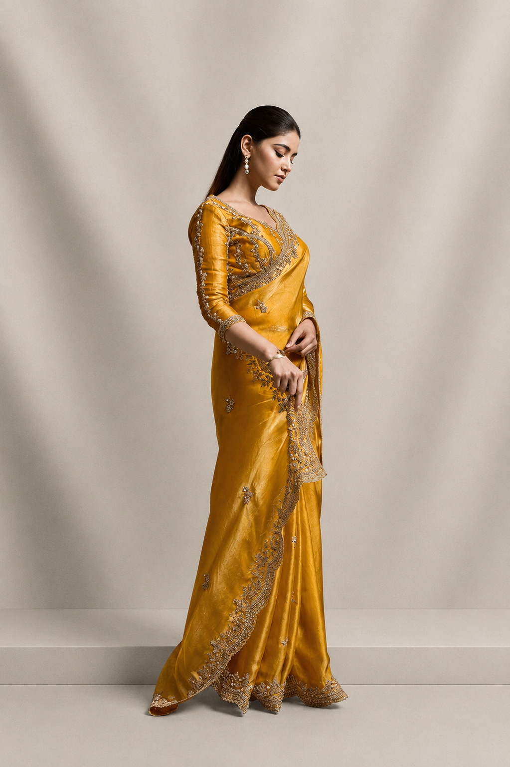 Yellow Tissue Silk Saree with Hand Embroidery with Stitched Blouse