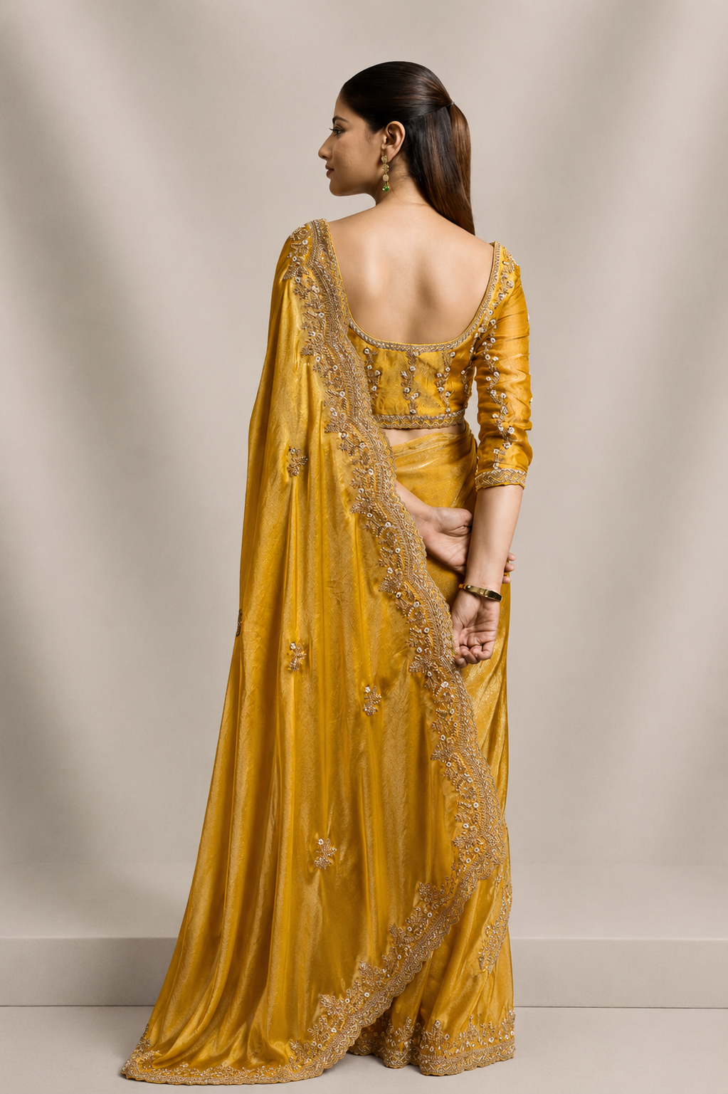 Yellow Tissue Silk Saree with Hand Embroidery with Stitched Blouse