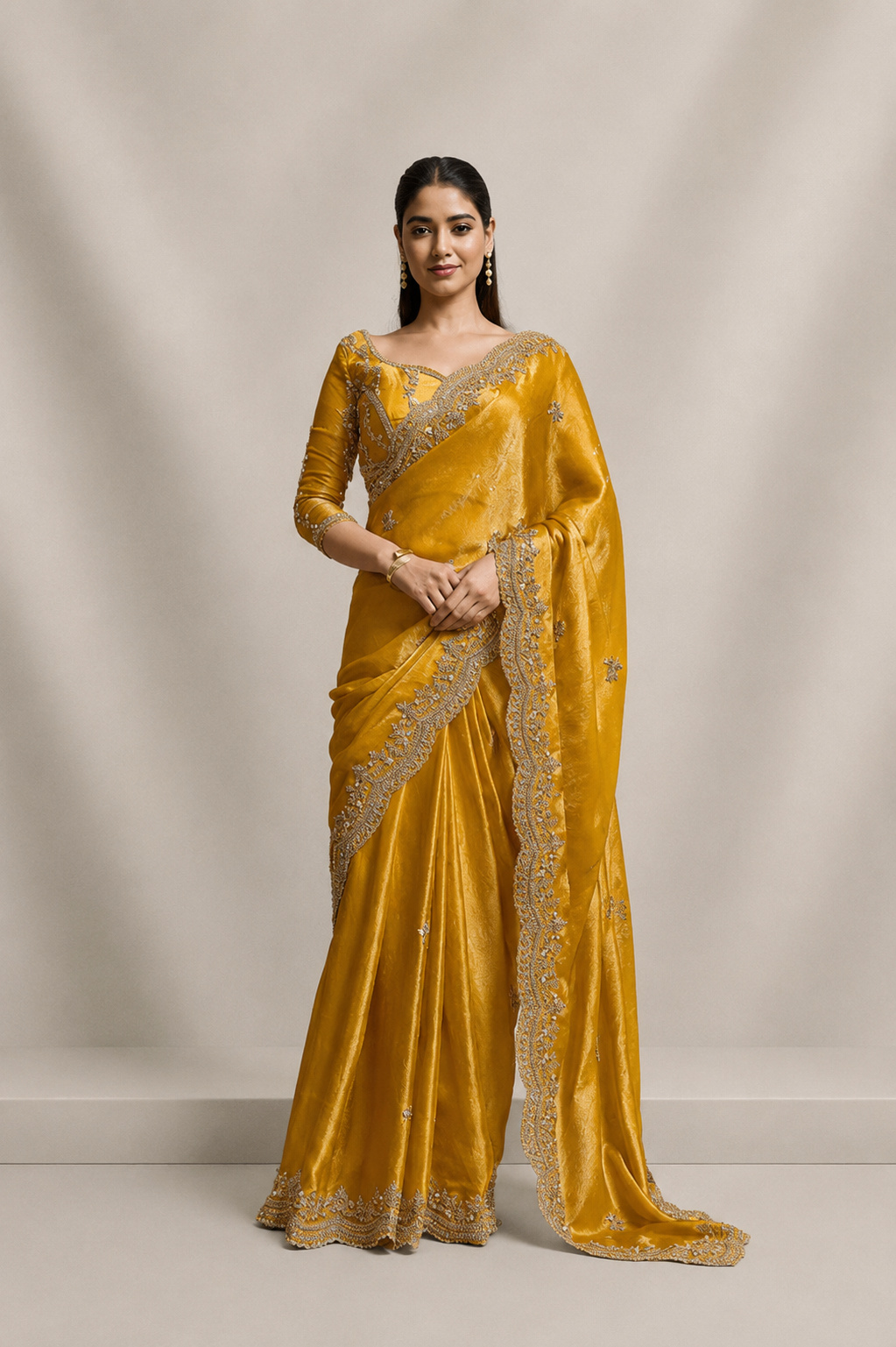 Yellow Tissue Silk Saree with Hand Embroidery with Stitched Blouse