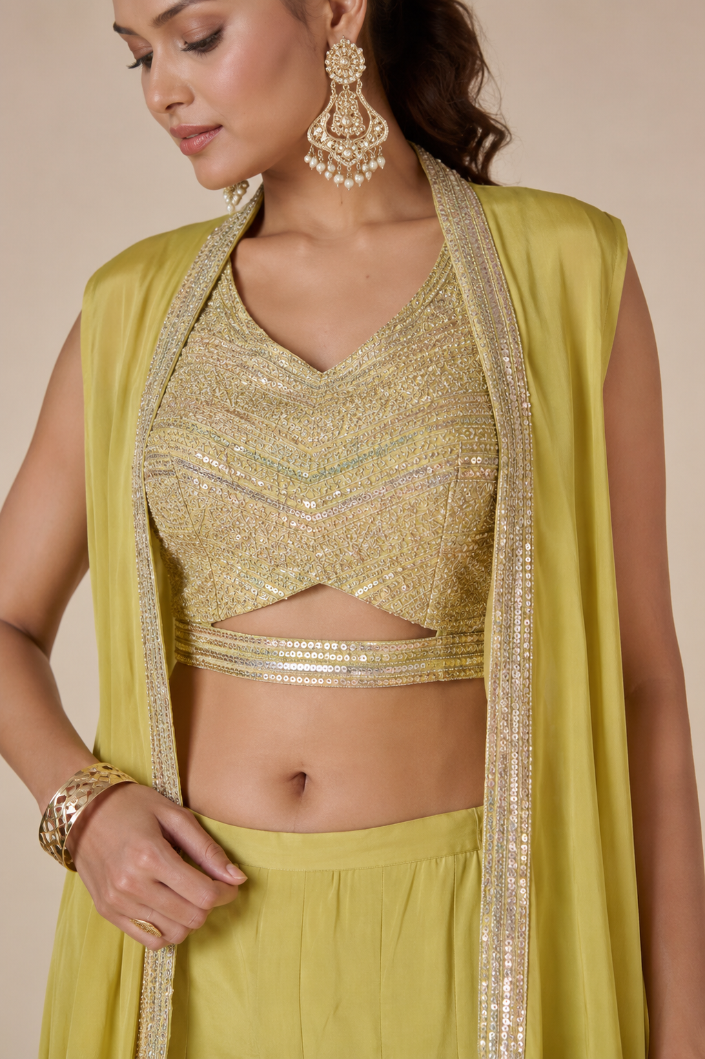 Mehandi Green Embroidered Satin Tank Top with Wide Pants and Full Shrug