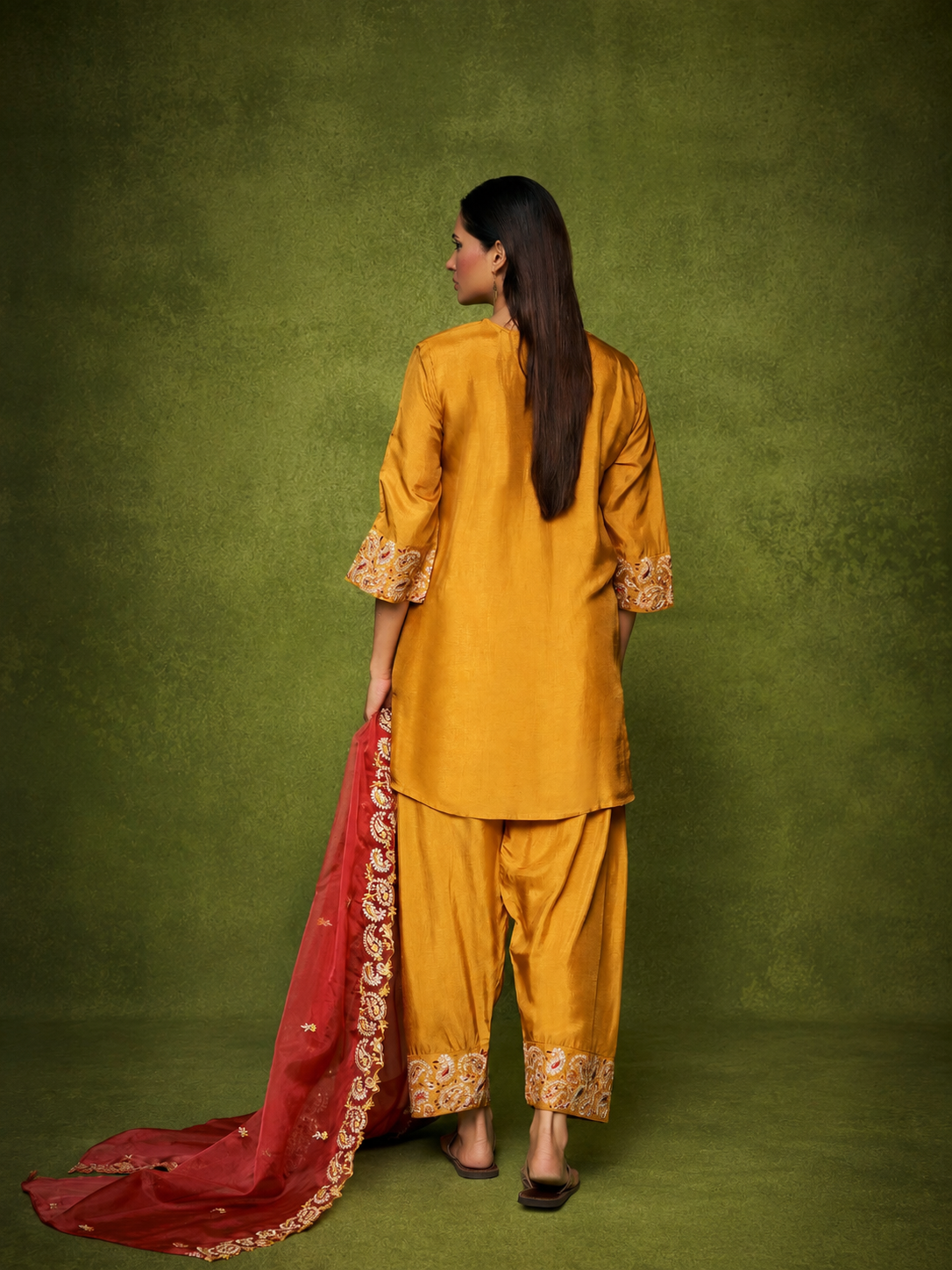 Mustard Silk Farsi Set with Embroidered Designer Work