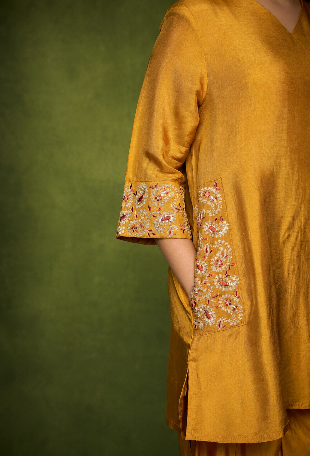 Mustard Silk Farsi Set with Embroidered Designer Work