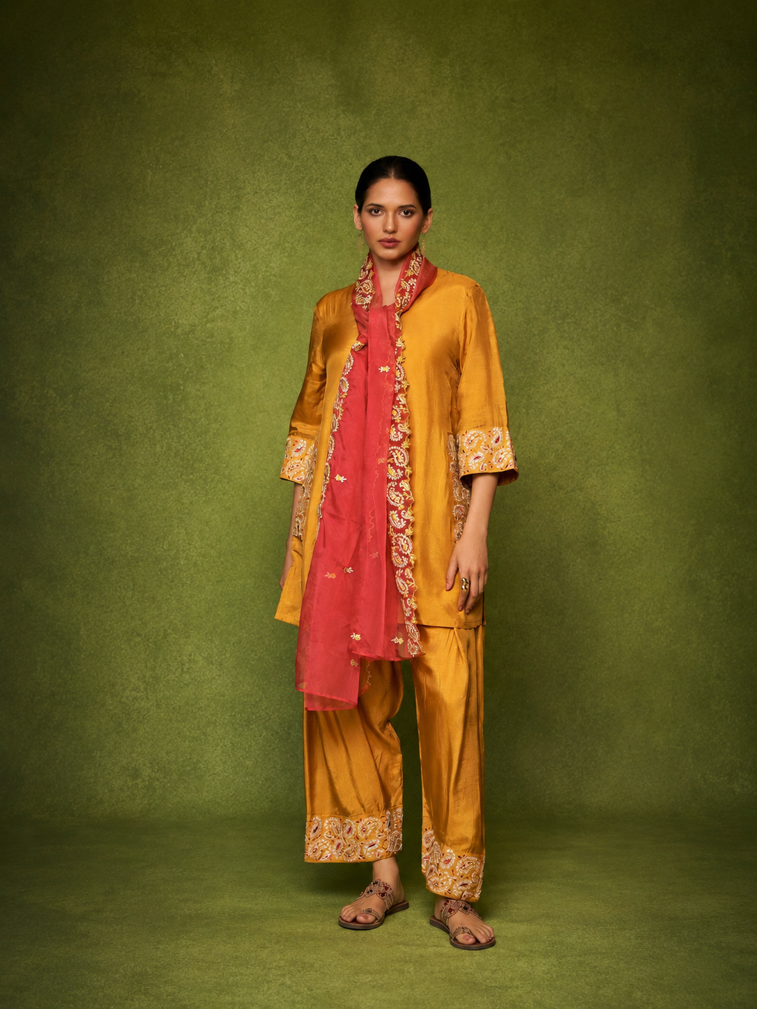 Mustard Silk Farsi Set with Embroidered Designer Work