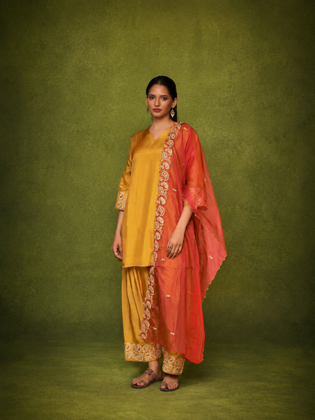 Mustard Silk Farsi Set with Embroidered Designer Work