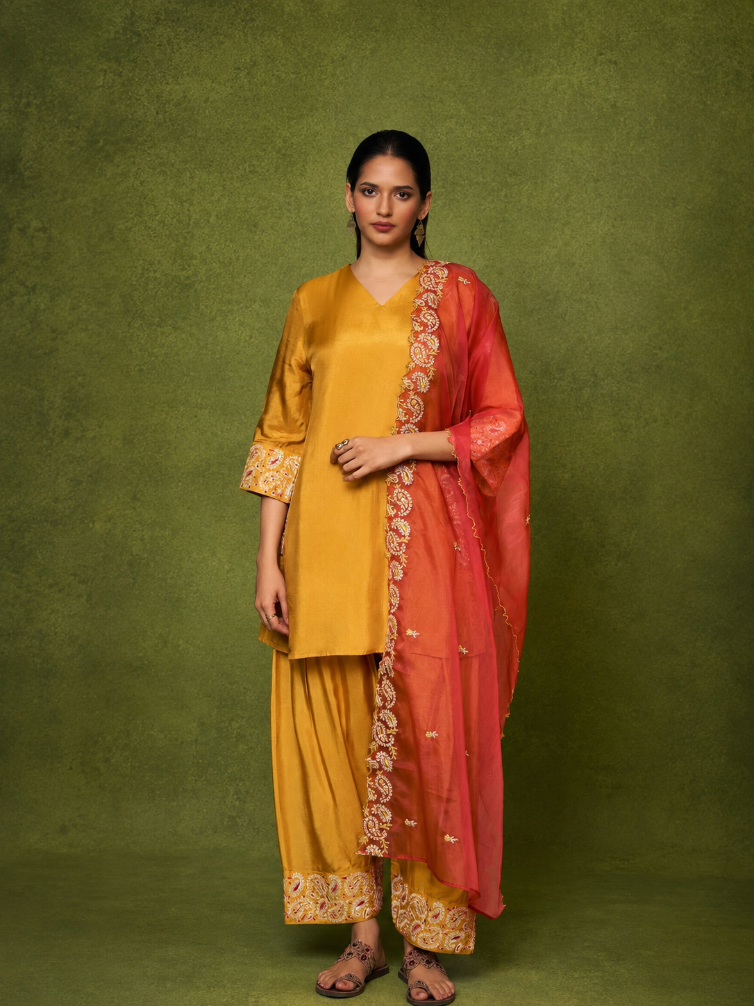 Mustard Silk Farsi Set with Embroidered Designer Work