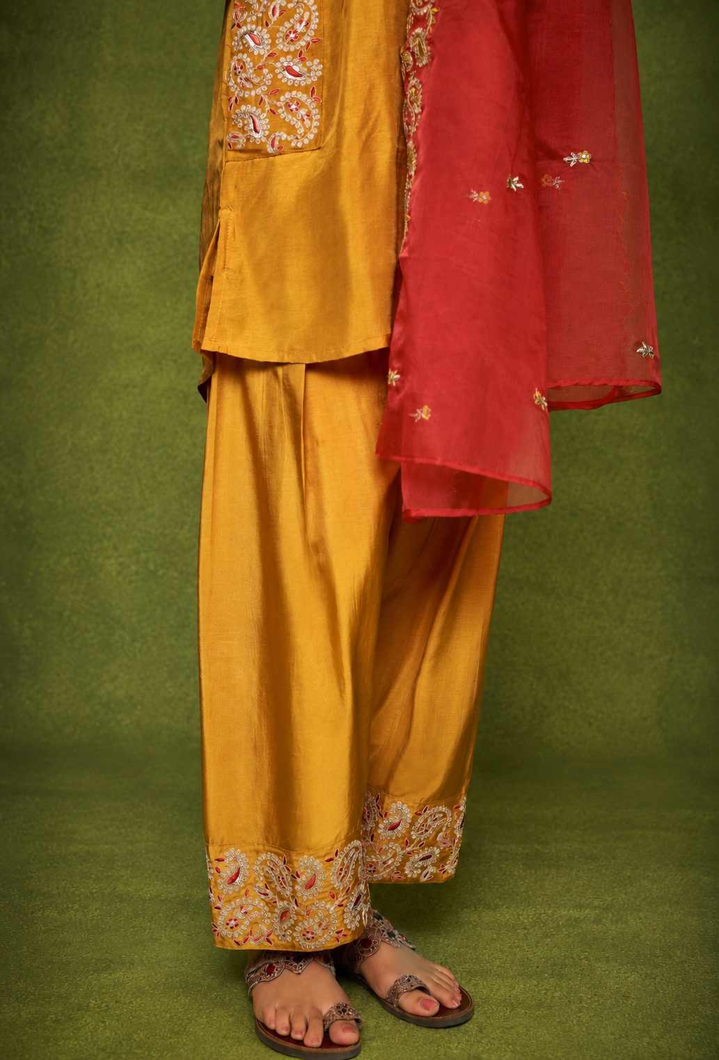 Mustard Silk Farsi Set with Embroidered Designer Work
