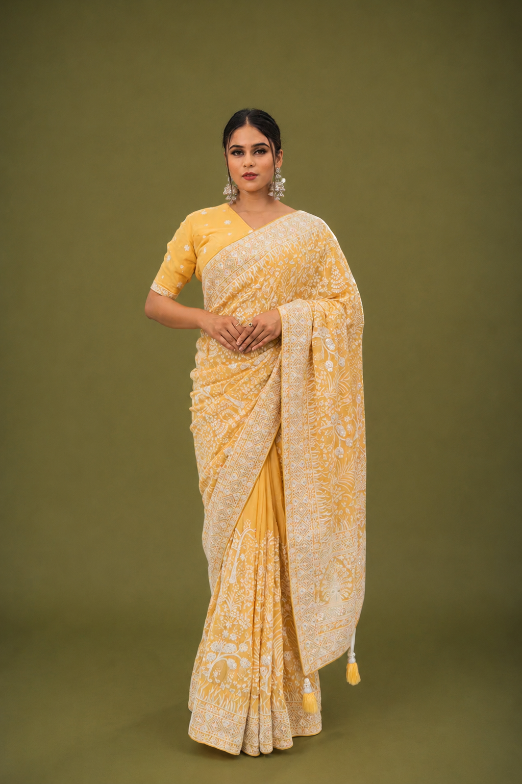 Light Yellow Lucknowi Georgette Saree with Beautiful Tassels and Zari Work