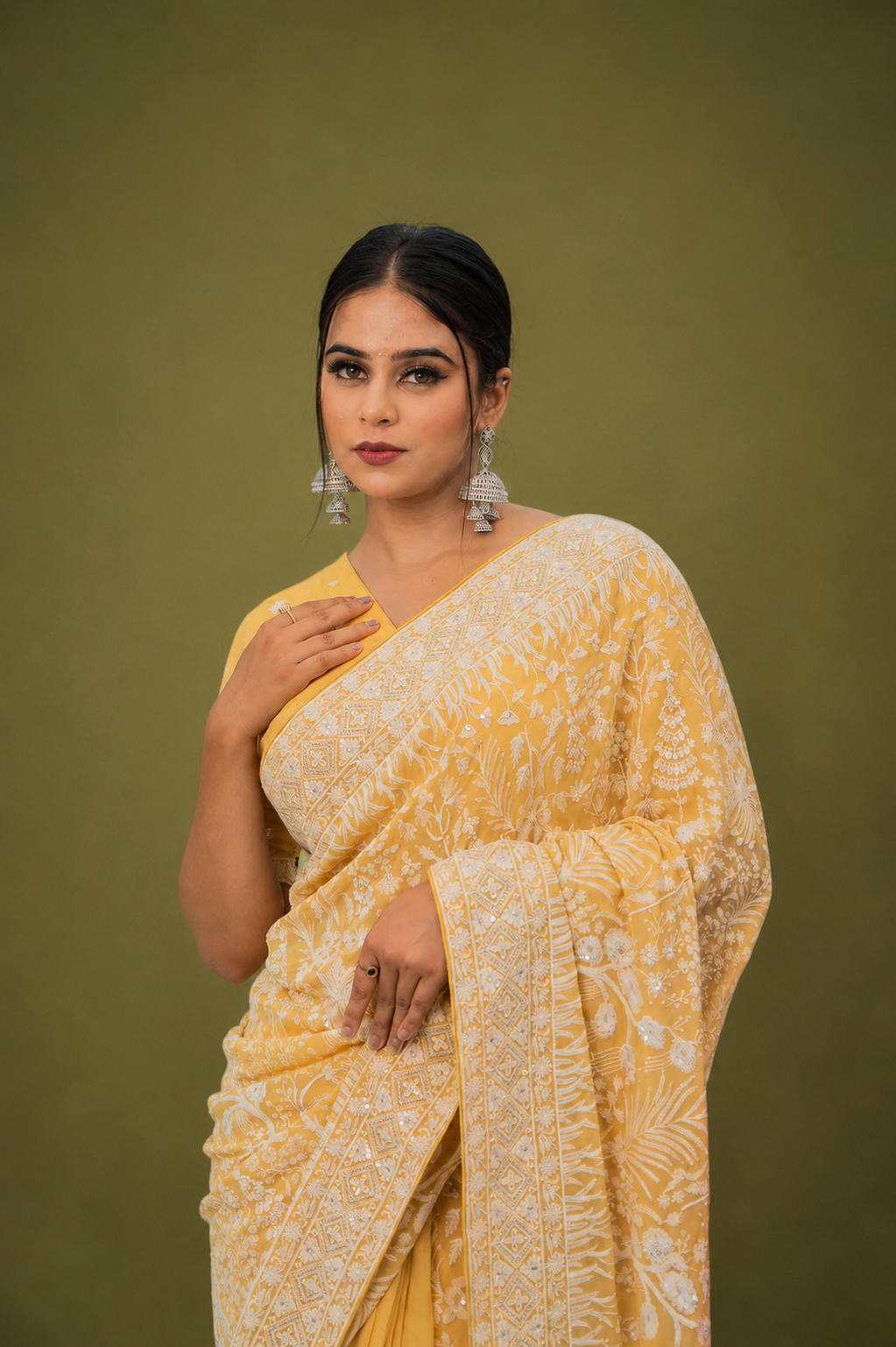 Light Yellow Lucknowi Georgette Saree with Beautiful Tassels and Zari Work