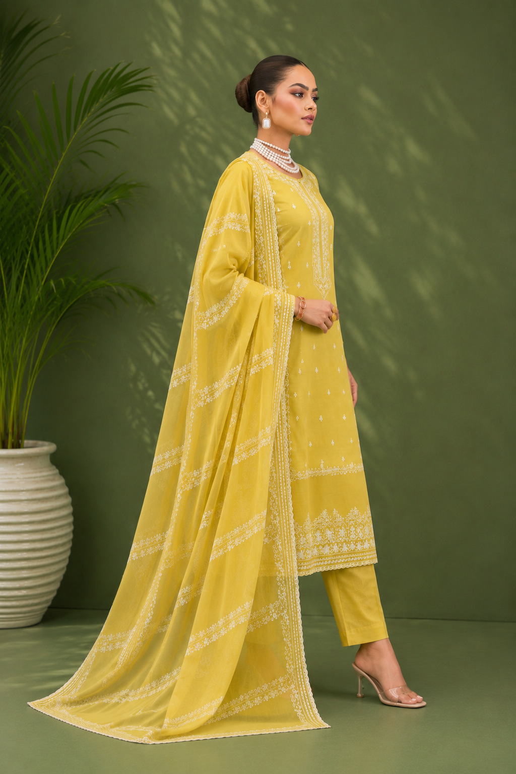 Mustard Yellow Pure Mal Cotton Suit Set with Laser Cut Work Design