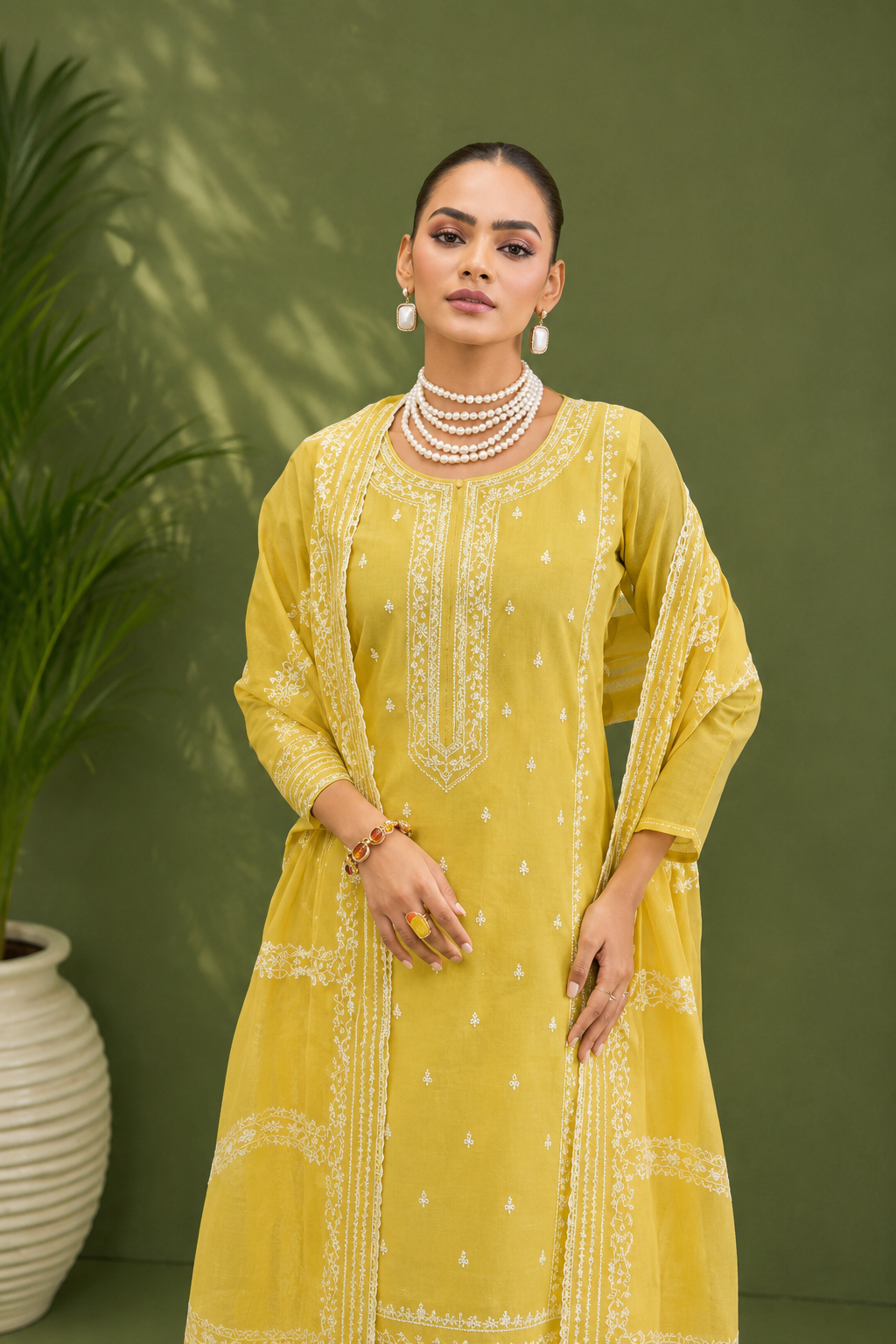 Mustard Yellow Pure Mal Cotton Suit Set with Laser Cut Work Design