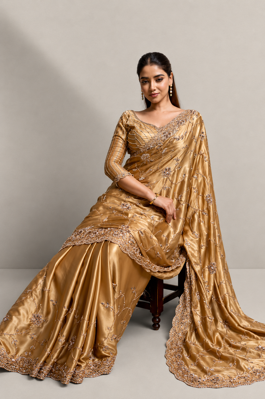 Warm Golden Silk Saree with Hand Embroidery With Stitched Blouse