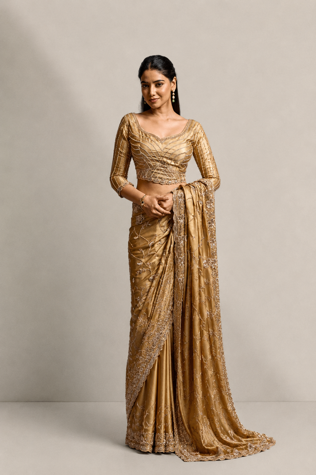 Warm Golden Silk Saree with Hand Embroidery With Stitched Blouse