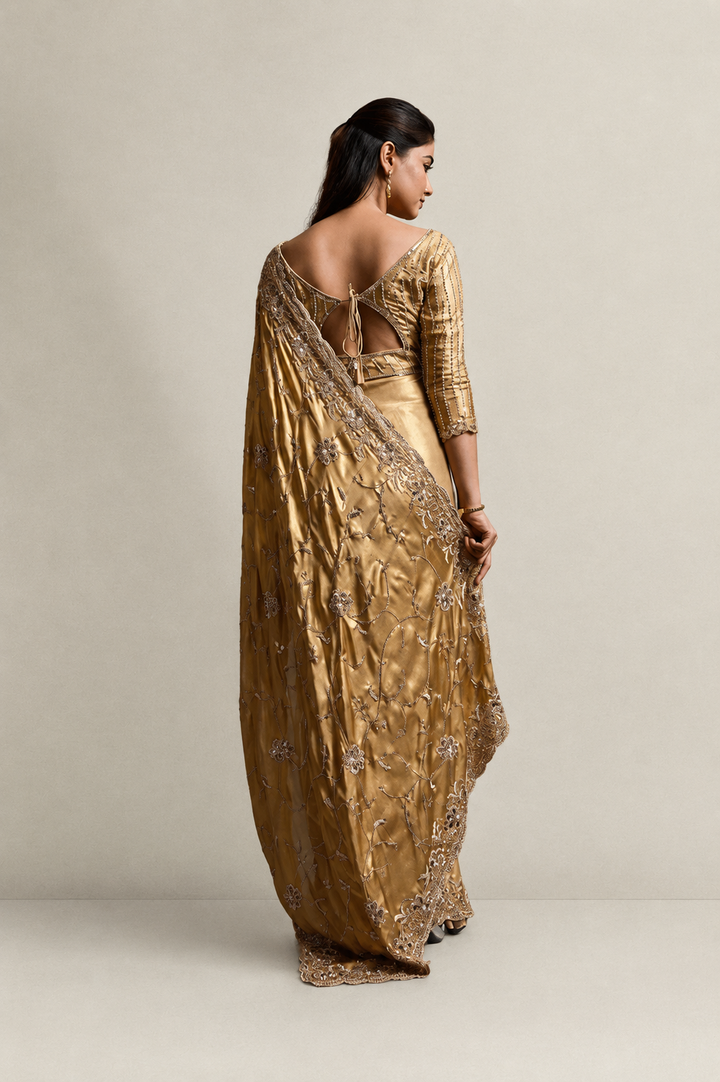 Warm Golden Silk Saree with Hand Embroidery With Stitched Blouse